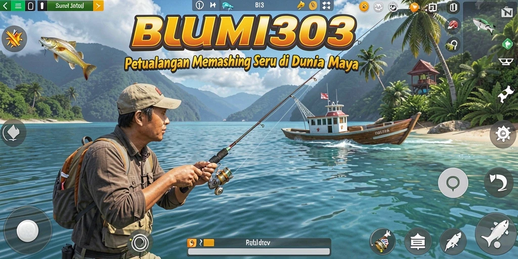 Tampilan gameplay BUMI303 saat memancing di danau.