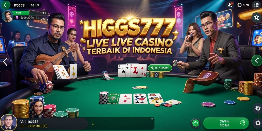 Gameplay HIGGS777 menampilkan dealer profesional dan interaksi langsung dengan pemain.