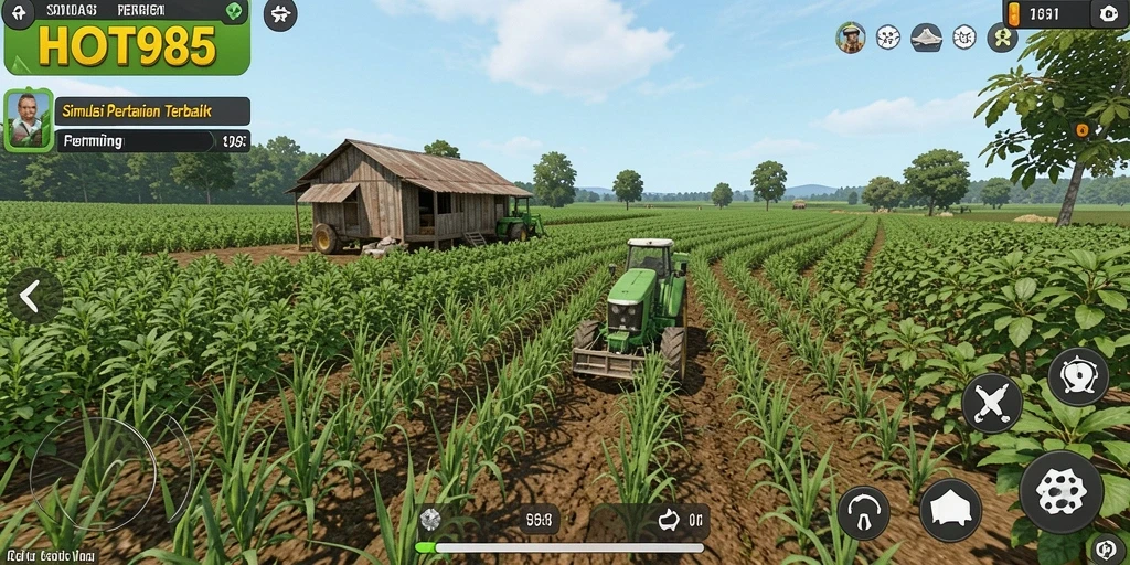 Screenshot yang menunjukkan gameplay HOT985 saat bertani di ladang.