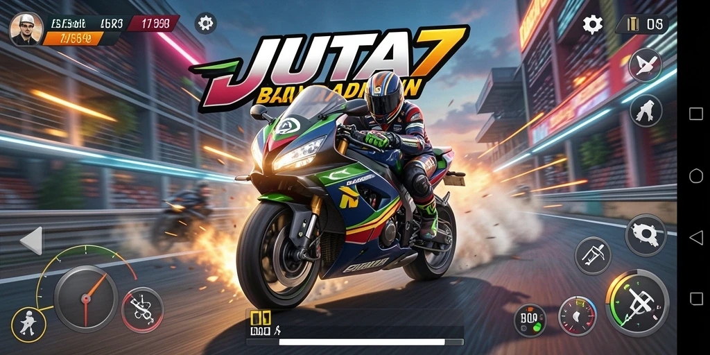 Gameplay menegangkan di <strong>JUTA7</strong> dengan motor balap dan trek menantang.