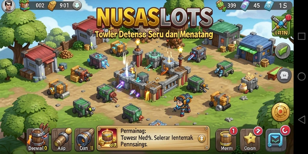 Tampilan menarik dari gameplay <strong>NUSASLOTS</strong> dengan elemen Tower Defense yang intens.