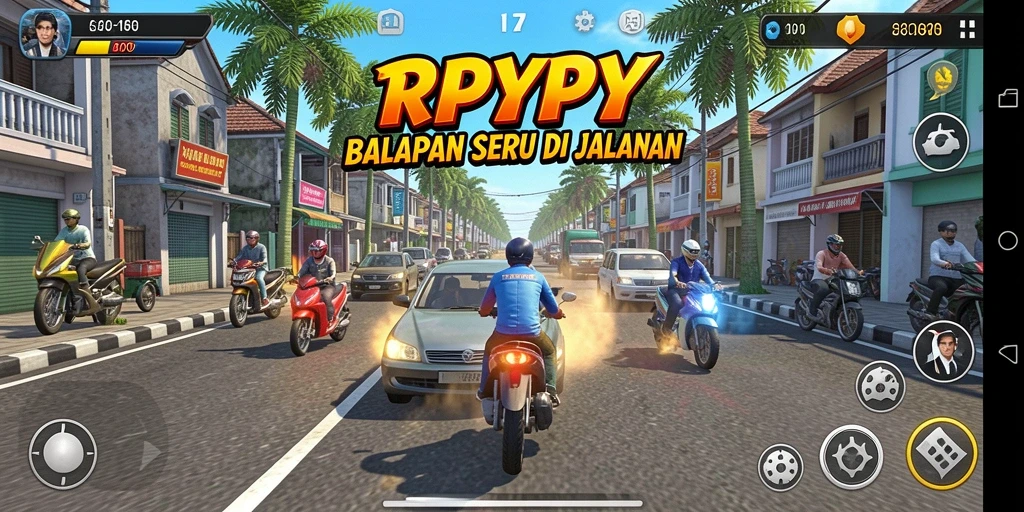 Tampilan gameplay RPYYY dengan mobil balap cepat di trek menantang.