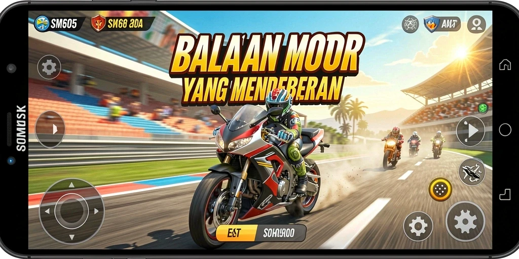 Gameplay SM605 menampilkan balapan motor yang mendebarkan dan kompetitif.