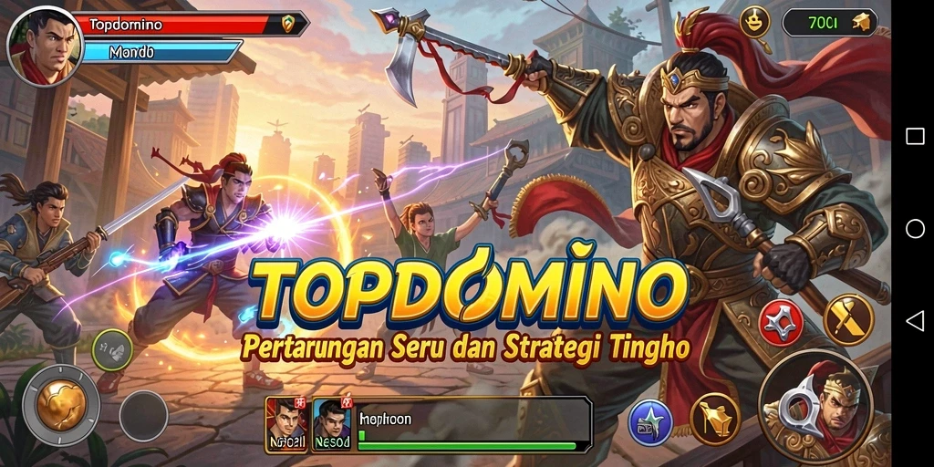 Screenshot gameplay <strong>TOPDOMINO</strong> menunjukkan pertarungan seru dengan berbagai karakter.