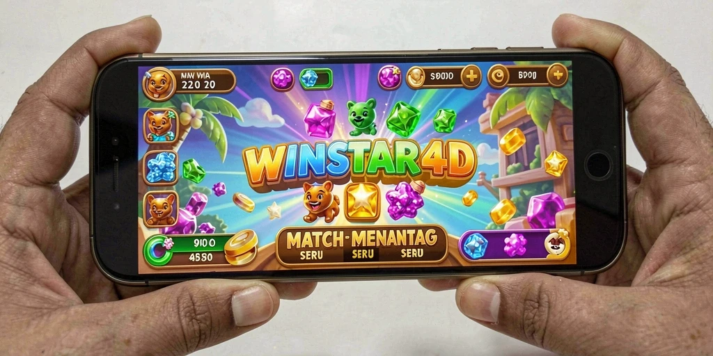 Tangkapan layar gameplay <strong>WINSTAR4D</strong> yang menunjukkan kombinasi permata yang menghibur.