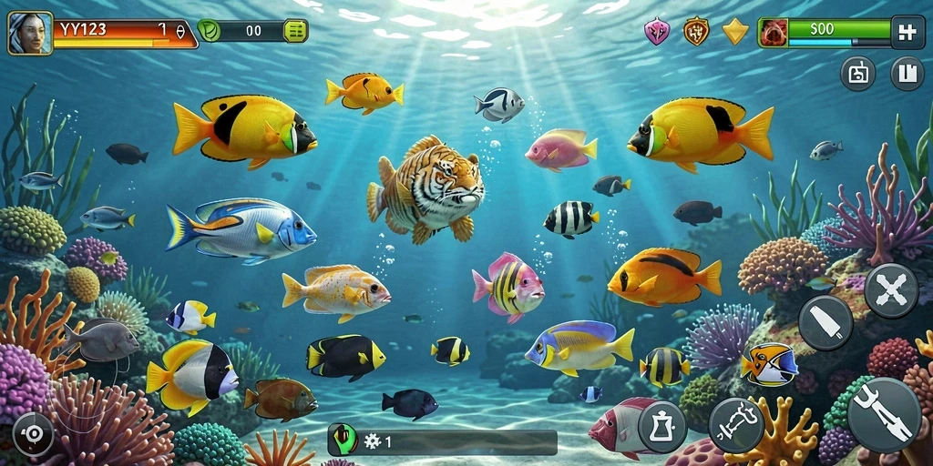 Tangkapan layar gameplay seru dari game Tembak Ikan YY123.